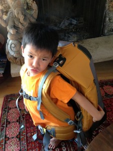 Tuck trying on the smaller Eagle Creek wheeled backpack for size! It is too big for his body but too small for his personality!