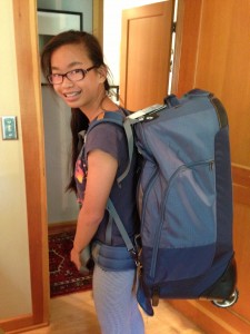 Yve modeling the large Eagle Creek Wheeled Backpack