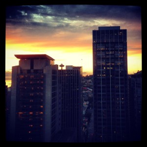 View from the rooftop deck of the Olivian in downtown Seattle