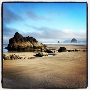 View of Haystack Rock from other end of beach.