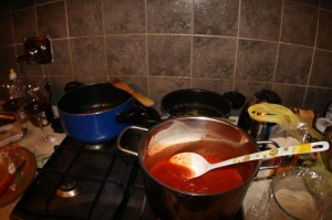 Our sauces simmering, awaiting ravioli completion!