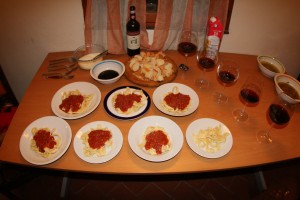 First course of Tagliatelle and Bolognese sauce; accompanied by Chianti supplied by Artan, our host in Florece