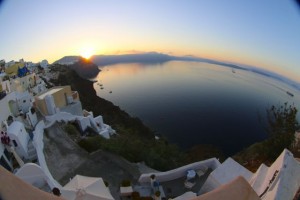 Roof deck view above the caldera in Oia