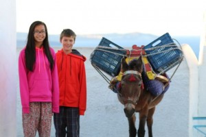 Yve and Otto at sunrise with a donkey!